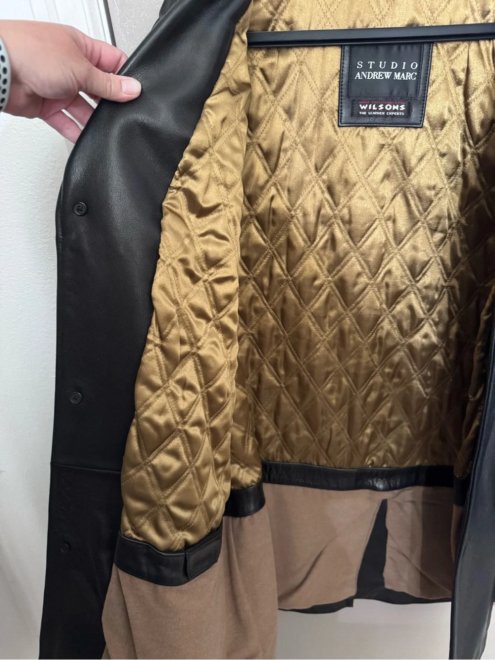 Andrew Marc Vintage Black Leather Trench Coat with Gold Quilted Lining